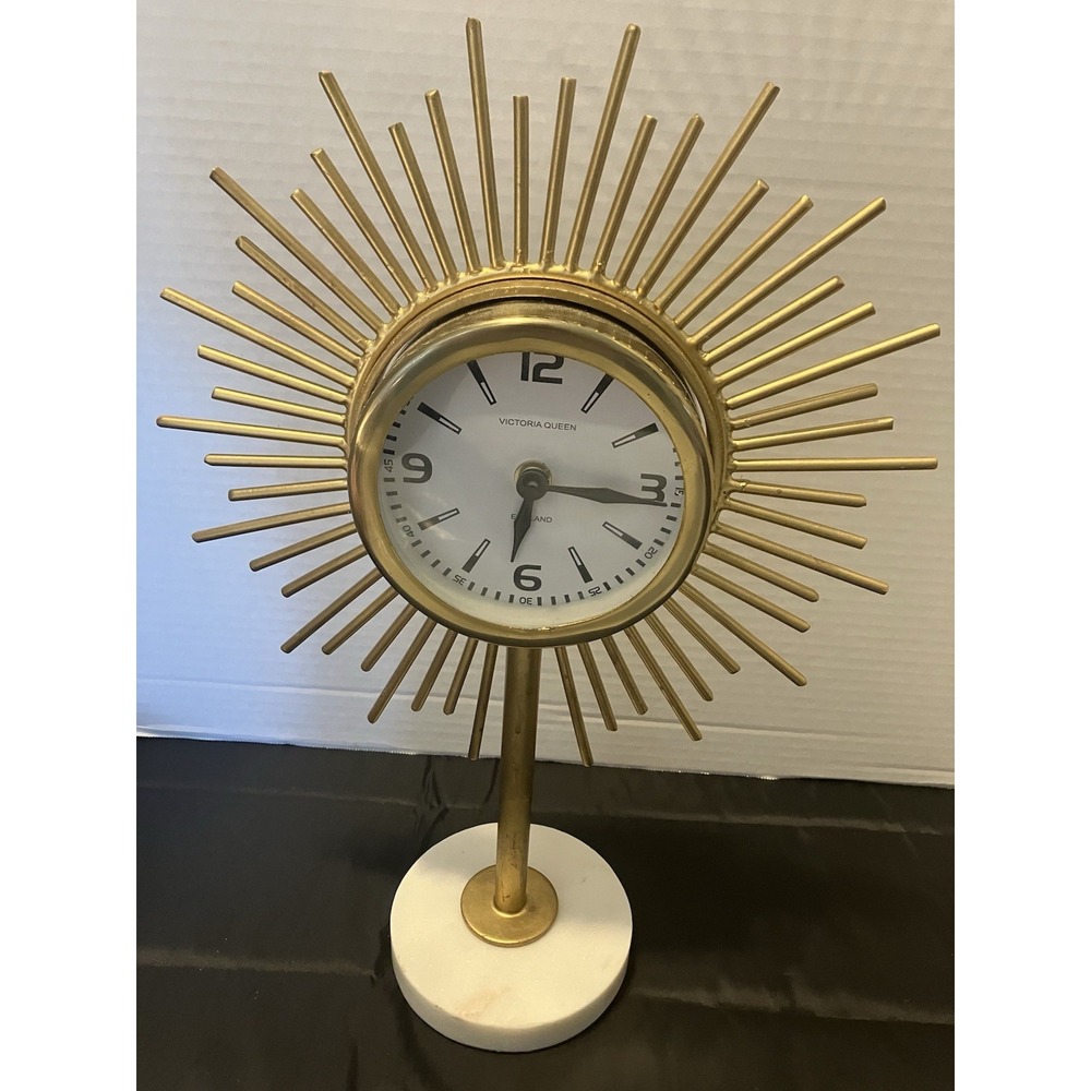 Vintage Midcentury Gold VictoriaModern Sunburst  Clock Marble Base From England